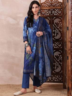 women blue rayon blend floral printed straight kurta trouser with dupatta 2