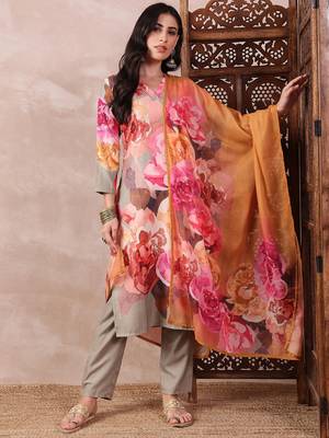 women olive rayon blend floral printed straight kurta trouser with dupatta 1