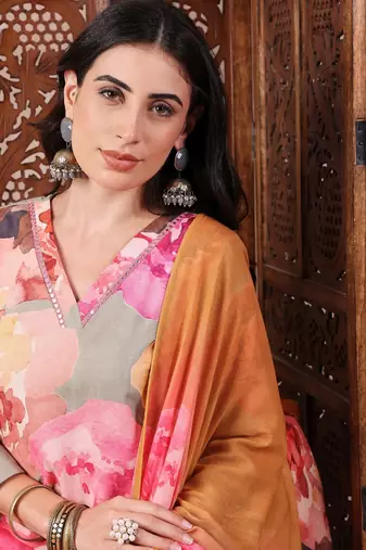 women olive rayon blend floral printed straight kurta trouser with dupatta