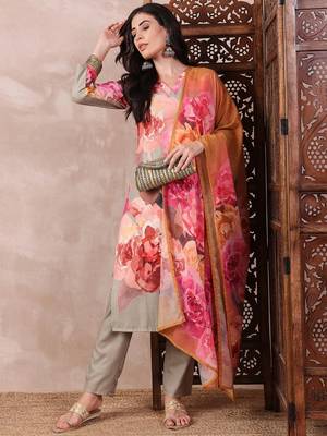 women olive rayon blend floral printed straight kurta trouser with dupatta 3