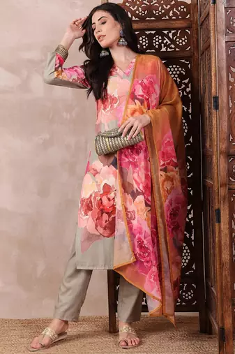 women olive rayon blend floral printed straight kurta trouser with dupatta
