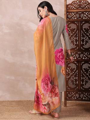 women olive rayon blend floral printed straight kurta trouser with dupatta 4