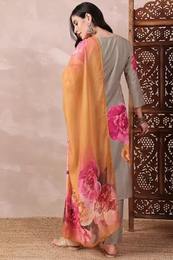 women olive rayon blend floral printed straight kurta trouser with dupatta