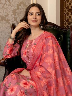 pink poly rayon floral printed straight kurta trousers with dupatta 1