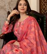 pink poly rayon floral printed straight kurta trousers with dupatta