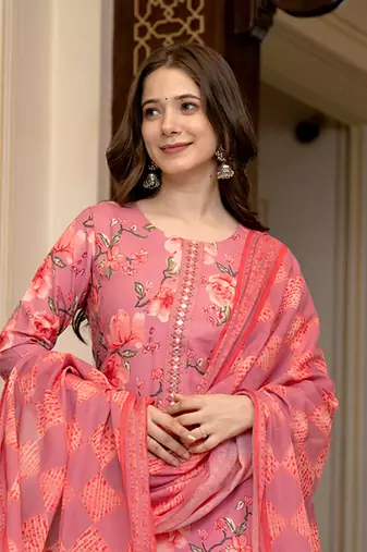 pink poly rayon floral printed straight kurta trousers with dupatta
