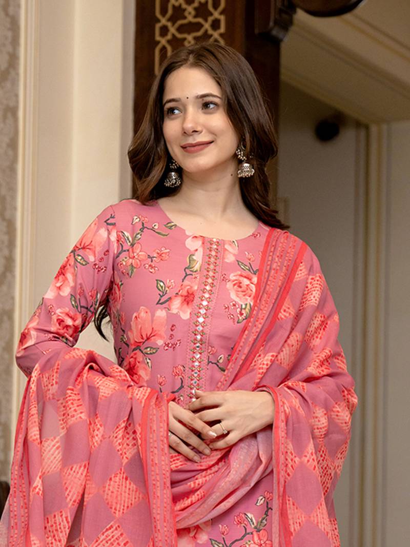 pink poly rayon floral printed straight kurta trousers with dupatta