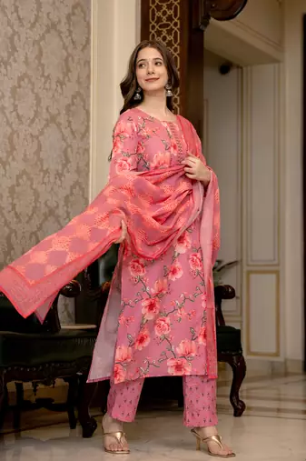 pink poly rayon floral printed straight kurta trousers with dupatta