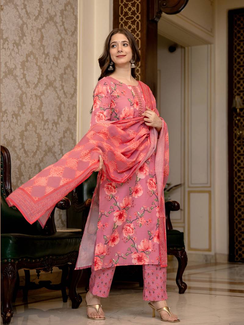 pink poly rayon floral printed straight kurta trousers with dupatta
