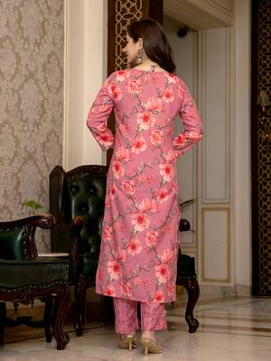 pink poly rayon floral printed straight kurta trousers with dupatta 4