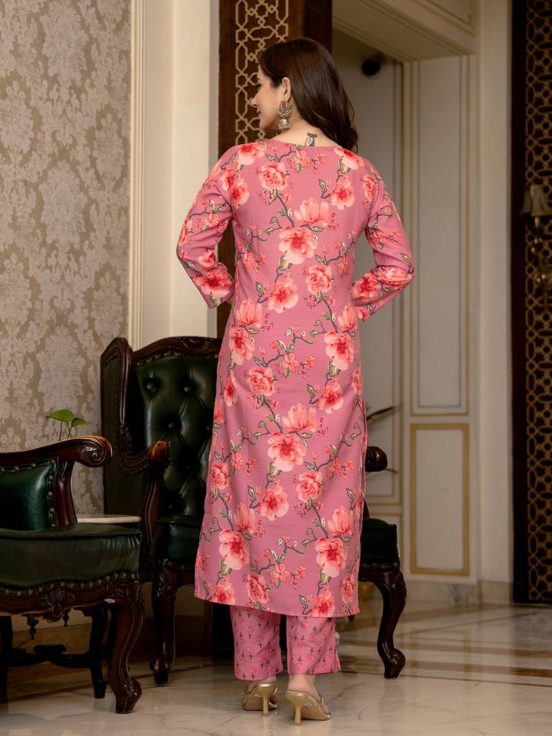 pink poly rayon floral printed straight kurta trousers with dupatta