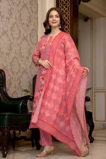 pink poly rayon floral printed straight kurta trousers with dupatta