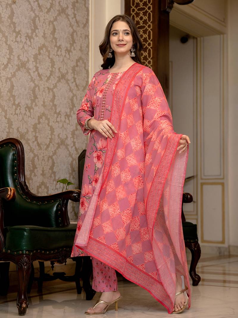 pink poly rayon floral printed straight kurta trousers with dupatta