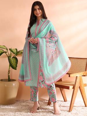 women turquoise blue poly rayon floral printed straight kurta trousers with dupatta 1