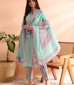 women turquoise blue poly rayon floral printed straight kurta trousers with dupatta
