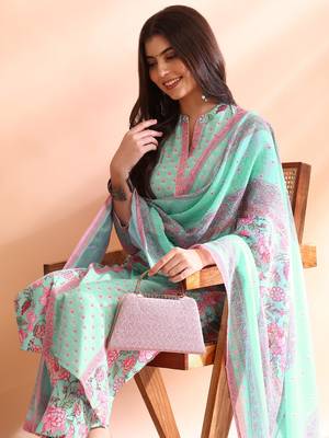 women turquoise blue poly rayon floral printed straight kurta trousers with dupatta 2
