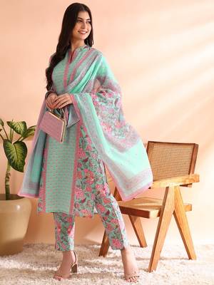 women turquoise blue poly rayon floral printed straight kurta trousers with dupatta 3