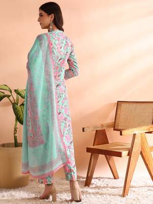 women turquoise blue poly rayon floral printed straight kurta trousers with dupatta 4