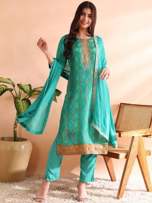 women sea green silk blend ethnic motifs woven design straight kurta trousers with dupatta 1