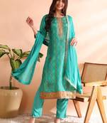 women sea green silk blend ethnic motifs woven design straight kurta trousers with dupatta