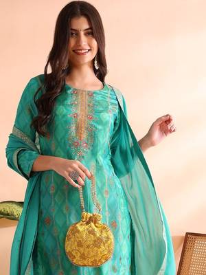 women sea green silk blend ethnic motifs woven design straight kurta trousers with dupatta 2