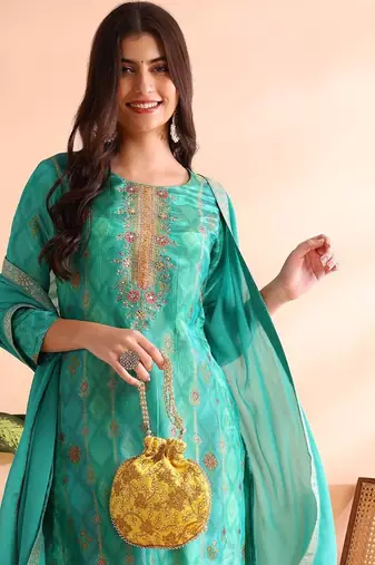 women sea green silk blend ethnic motifs woven design straight kurta trousers with dupatta