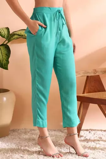 women sea green silk blend ethnic motifs woven design straight kurta trousers with dupatta