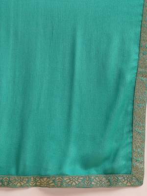 women sea green silk blend ethnic motifs woven design straight kurta trousers with dupatta 4