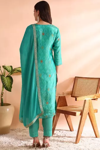 women sea green silk blend ethnic motifs woven design straight kurta trousers with dupatta