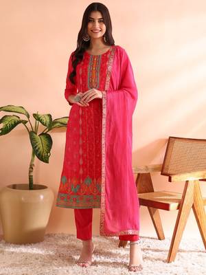 women pink chanderi silk ethnic motifs woven design straight kurta trousers with dupatta 1