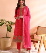 women pink chanderi silk ethnic motifs woven design straight kurta trousers with dupatta