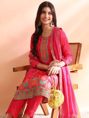 women pink chanderi silk ethnic motifs woven design straight kurta trousers with dupatta 2