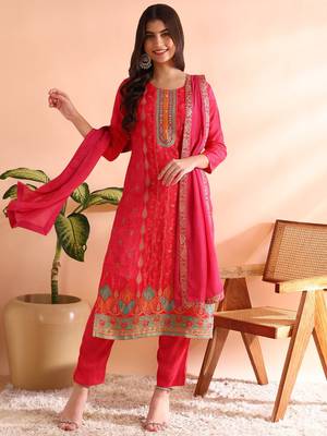women pink chanderi silk ethnic motifs woven design straight kurta trousers with dupatta 3