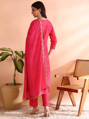 women pink chanderi silk ethnic motifs woven design straight kurta trousers with dupatta 4