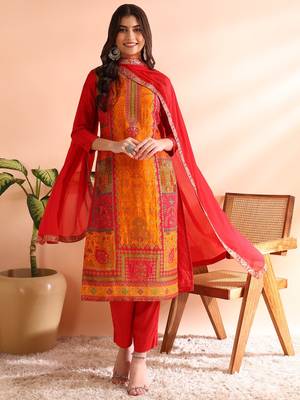 women red chanderi silk ethnic motifs woven design straight kurta trousers with dupatta 1