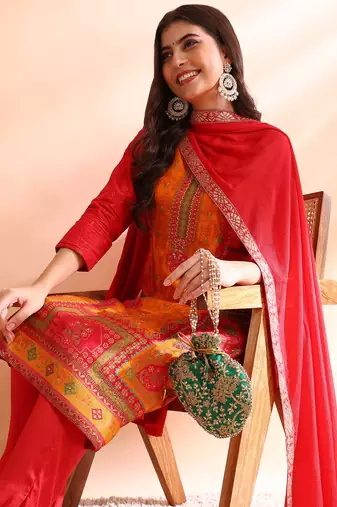 women red chanderi silk ethnic motifs woven design straight kurta trousers with dupatta