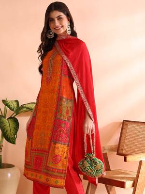 women red chanderi silk ethnic motifs woven design straight kurta trousers with dupatta 3