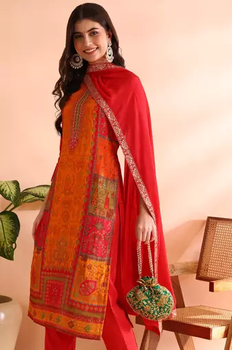 women red chanderi silk ethnic motifs woven design straight kurta trousers with dupatta