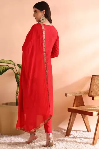 women red chanderi silk ethnic motifs woven design straight kurta trousers with dupatta