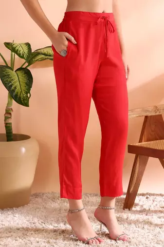 women red chanderi silk ethnic motifs woven design straight kurta trousers with dupatta