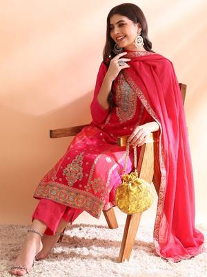 women pink organza ethnic motifs woven design straight kurta trousers with dupatta 1