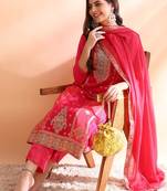 women pink organza ethnic motifs woven design straight kurta trousers with dupatta