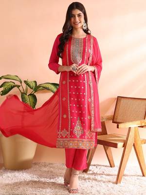 women pink organza ethnic motifs woven design straight kurta trousers with dupatta 2
