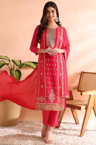 women pink organza ethnic motifs woven design straight kurta trousers with dupatta