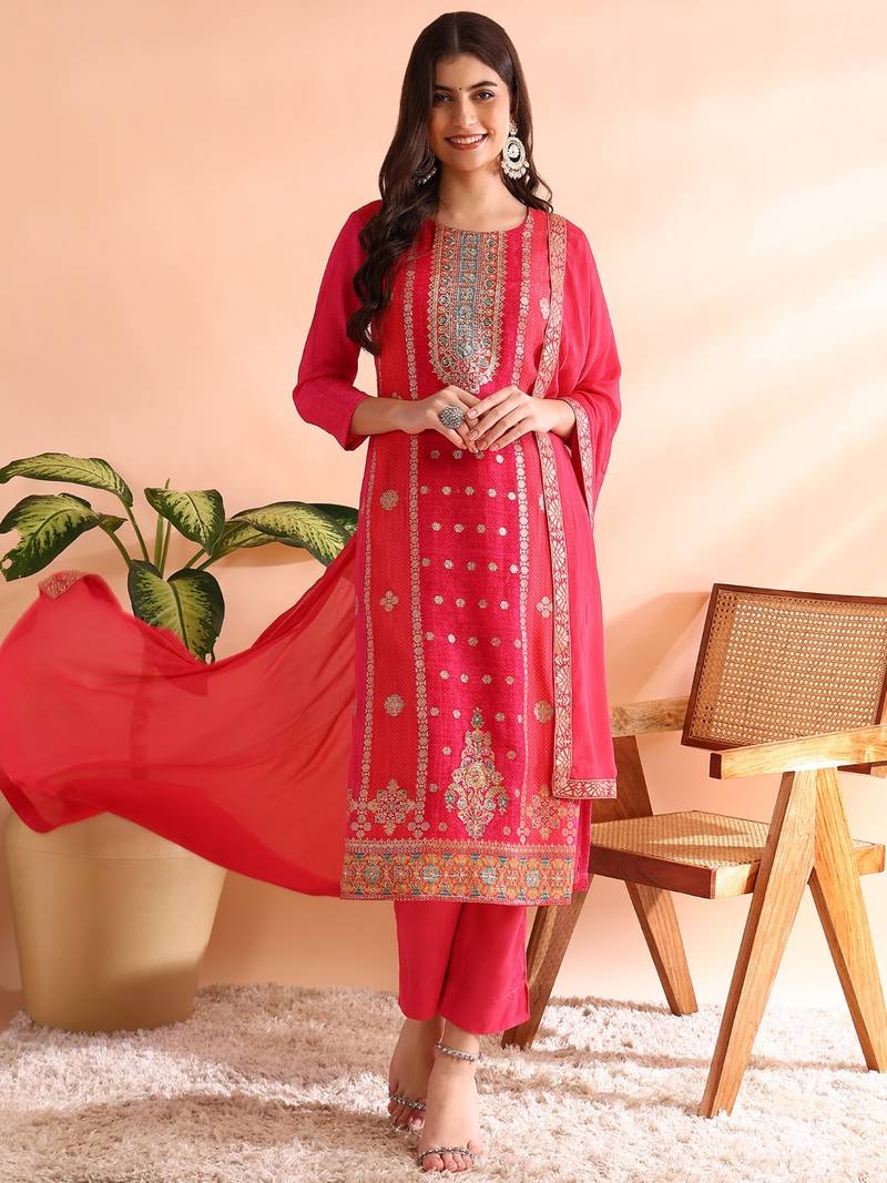 women pink organza ethnic motifs woven design straight kurta trousers with dupatta