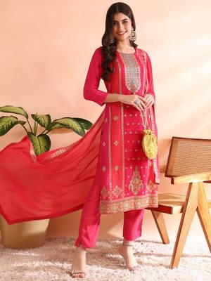 women pink organza ethnic motifs woven design straight kurta trousers with dupatta 3