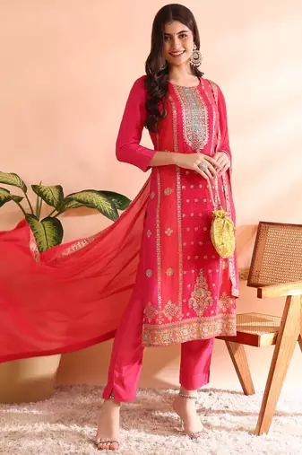 women pink organza ethnic motifs woven design straight kurta trousers with dupatta