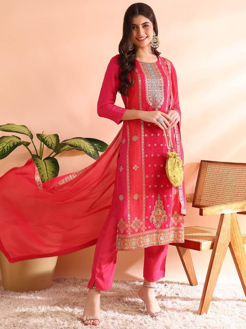 women pink organza ethnic motifs woven design straight kurta trousers with dupatta