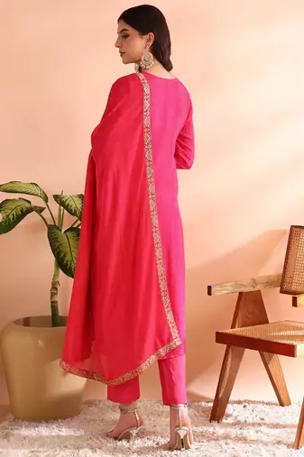 women pink organza ethnic motifs woven design straight kurta trousers with dupatta