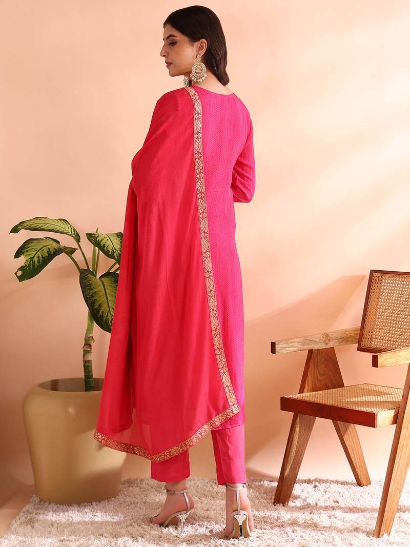 women pink organza ethnic motifs woven design straight kurta trousers with dupatta